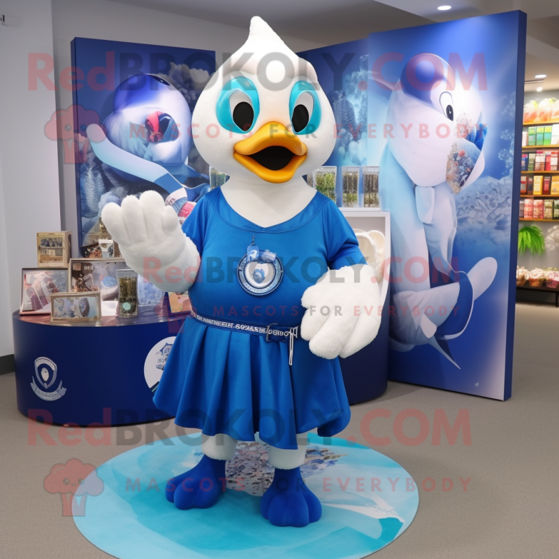 Blue Swan mascot costume character dressed with a T-Shirt and Coin purses Blue Swan mascot costume character dressed with a T-Shirt and Coin purses