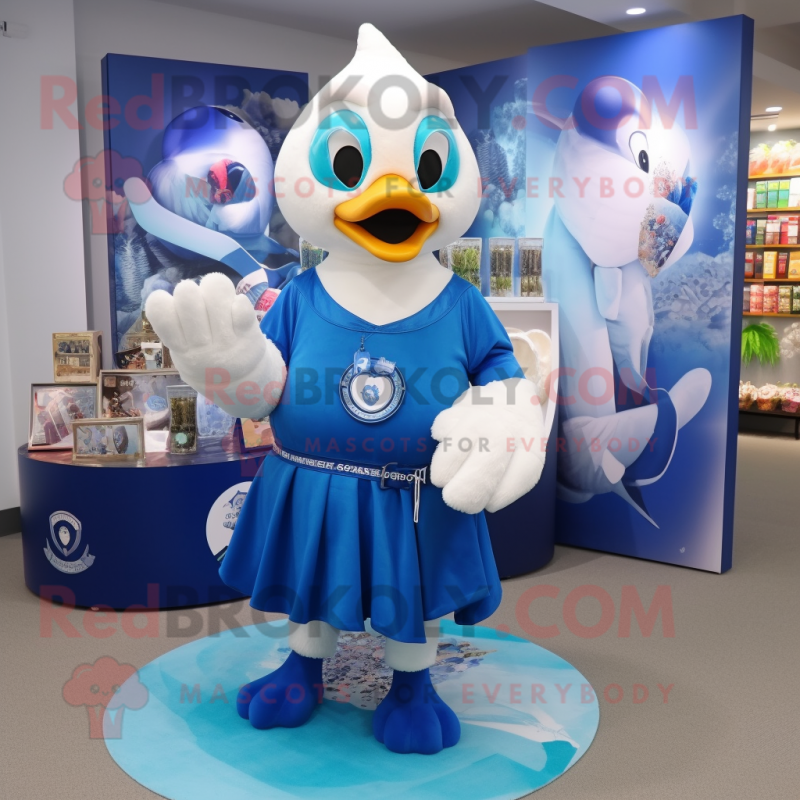 Blue Swan mascot costume character dressed with a T-Shirt and Coin purses