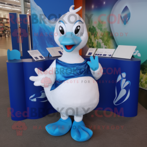 Blue Swan mascot costume character dressed with a T-Shirt and Coin purses