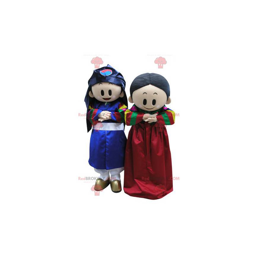 2 mascottes de garçon et de fille en tenue colorée -