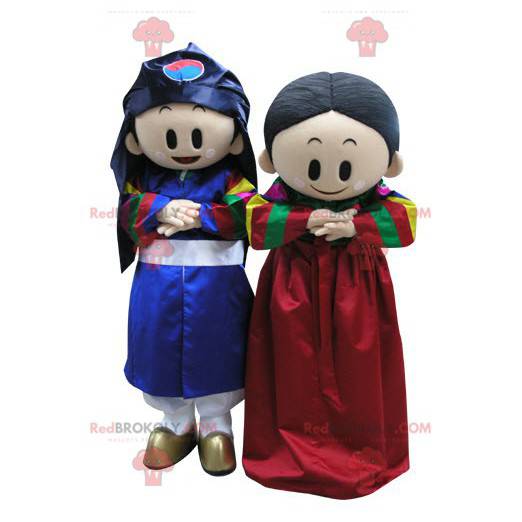 2 mascottes van jongen en meisje in kleurrijke outfit -