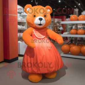 Orange Teddy Bear mascot costume character dressed with a Ball Gown and Tote bags