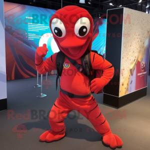 Red Snake mascot costume character dressed with a Jumpsuit and Backpacks