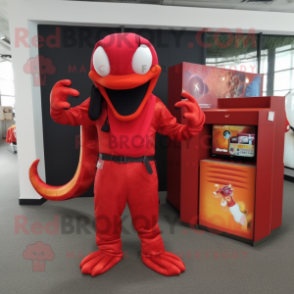 Red Snake mascot costume character dressed with a Jumpsuit and Backpacks