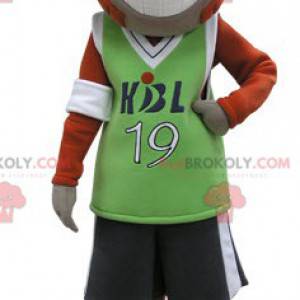 Mascotte de singe orange et gris en tenue de sport -