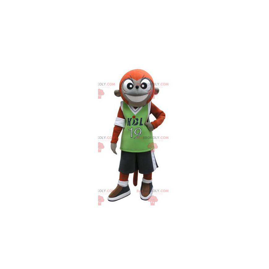 Mascote macaco laranja e cinza em roupas esportivas -