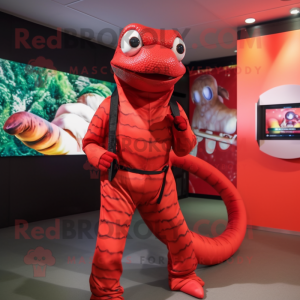 Red Snake mascot costume character dressed with a Jumpsuit and Backpacks