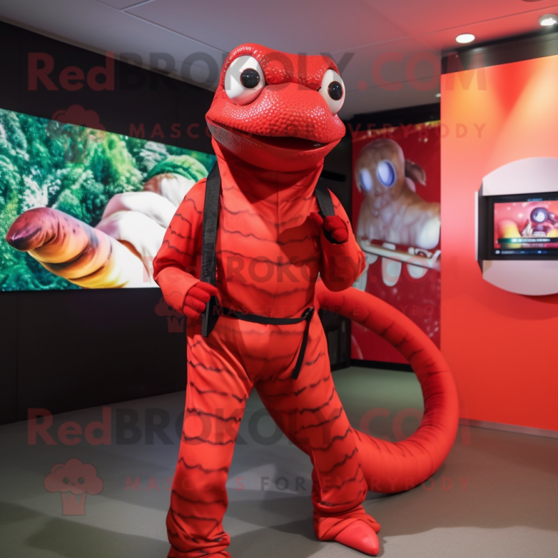 Red Snake mascot costume character dressed with a Jumpsuit and Backpacks