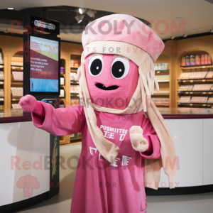 Pink Pesto Pasta mascot costume character dressed with a Hoodie and Headbands