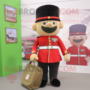 Olive British Royal Guard mascot costume character dressed with a Playsuit and Tote bags