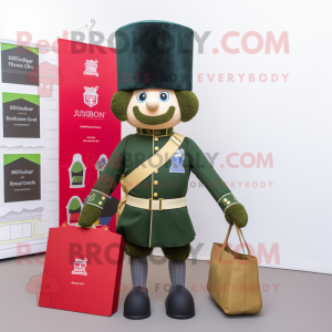 Olive British Royal Guard mascot costume character dressed with a Playsuit and Tote bags