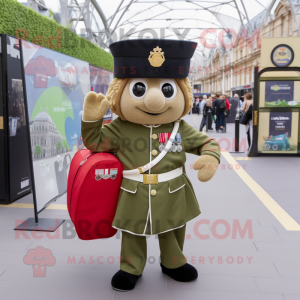 Olive British Royal Guard mascot costume character dressed with a Playsuit and Tote bags