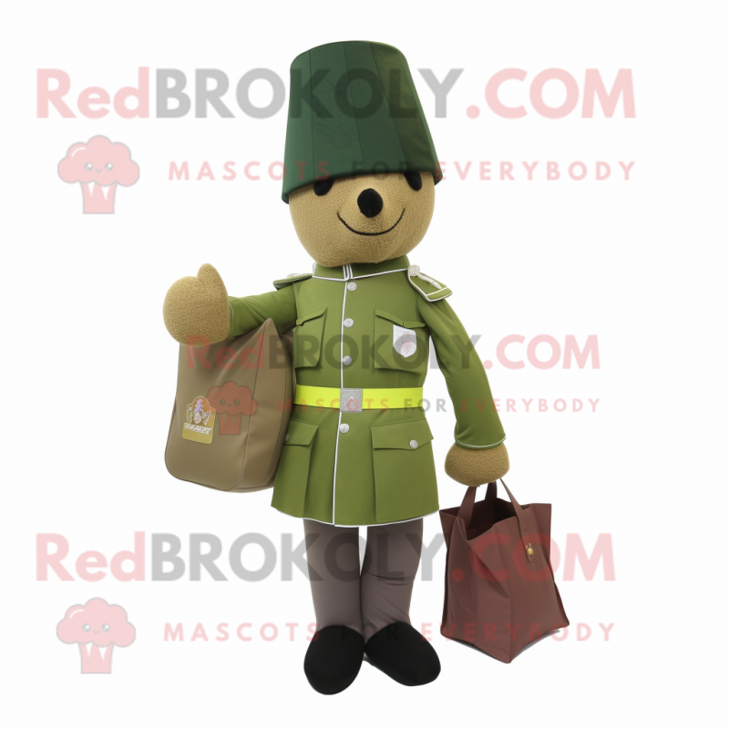 Olive British Royal Guard mascot costume character dressed with a Playsuit and Tote bags