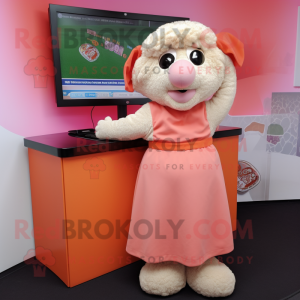 Peach Sheep mascot costume character dressed with a Wrap Skirt and Keychains