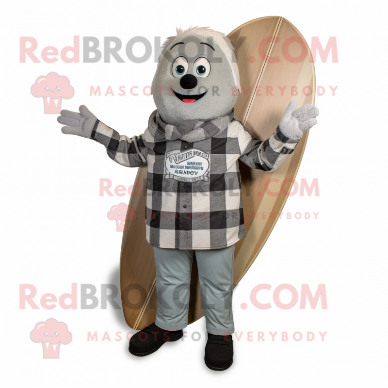 Gray Surfboard mascot costume character dressed with a Flannel Shirt and Suspenders Gray Surfboard mascot costume character dressed with a Flannel Shirt and Suspenders