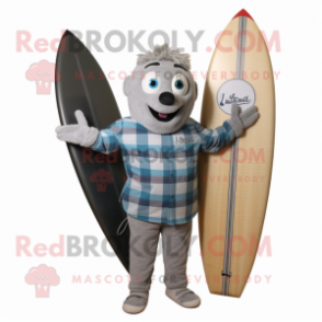 Gray Surfboard mascot costume character dressed with a Flannel Shirt and Suspenders