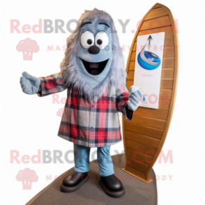 Gray Surfboard mascot costume character dressed with a Flannel Shirt and Suspenders