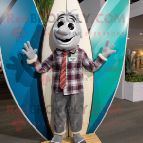 Gray Surfboard mascot costume character dressed with a Flannel Shirt and Suspenders