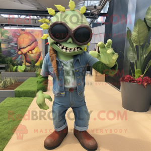 Olive Zombie mascot costume character dressed with a Boyfriend Jeans and Sunglasses