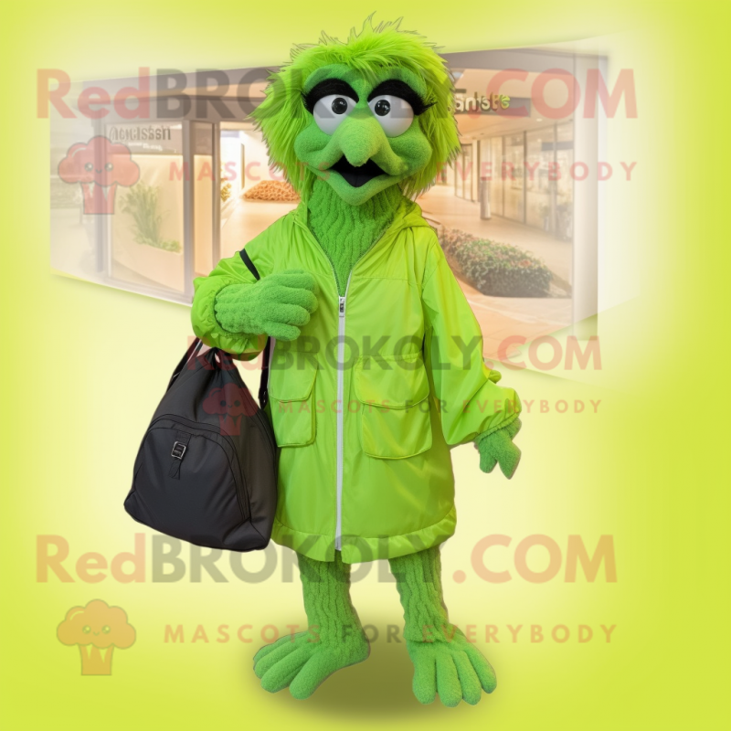 Lime Green Emu mascot costume character dressed with a Windbreaker and Handbags Lime Green Emu mascot costume character dressed with a Windbreaker and Handbags