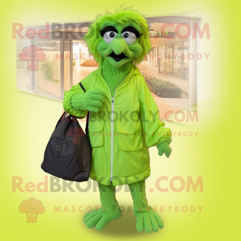 Lime Green Emu mascot costume character dressed with a Windbreaker and Handbags