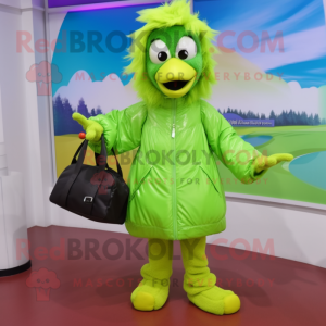 Lime Green Emu mascot costume character dressed with a Windbreaker and Handbags