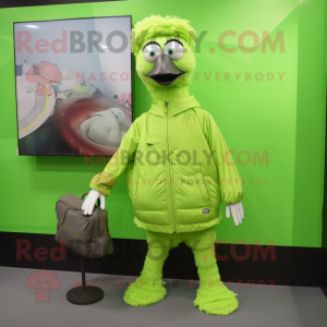 Lime Green Emu mascot costume character dressed with a Windbreaker and Handbags