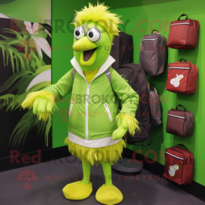 Lime Green Emu mascot costume character dressed with a Windbreaker and Handbags