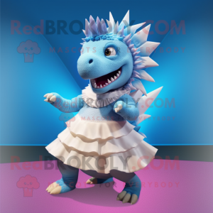 Sky Blue Stegosaurus mascot costume character dressed with a Pleated Skirt and Bracelets