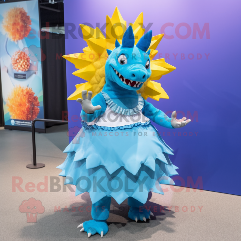 Sky Blue Stegosaurus mascot costume character dressed with a Pleated Skirt and Bracelets