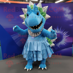 Sky Blue Stegosaurus mascot costume character dressed with a Pleated Skirt and Bracelets