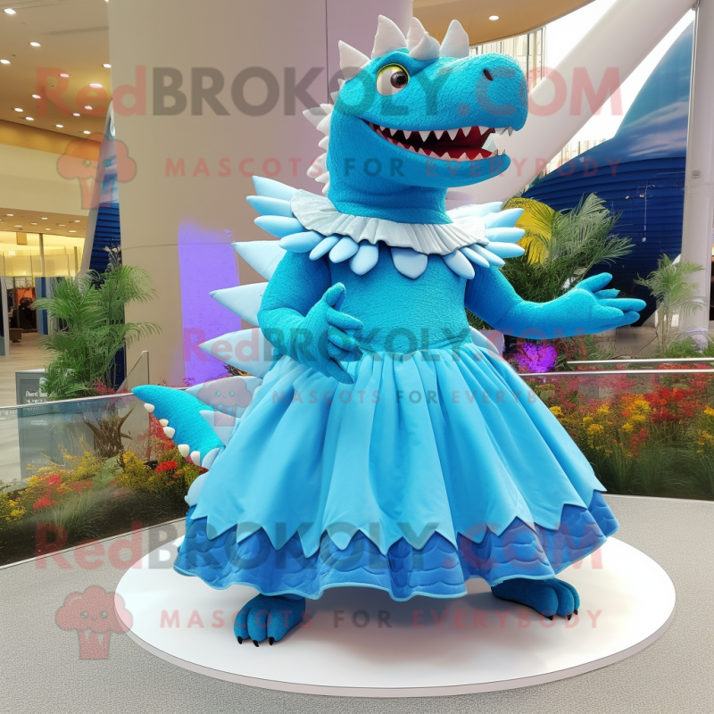 Sky Blue Stegosaurus mascot costume character dressed with a Pleated Skirt and Bracelets Sky Blue Stegosaurus mascot costume character dressed with a Pleated Skirt and Bracelets