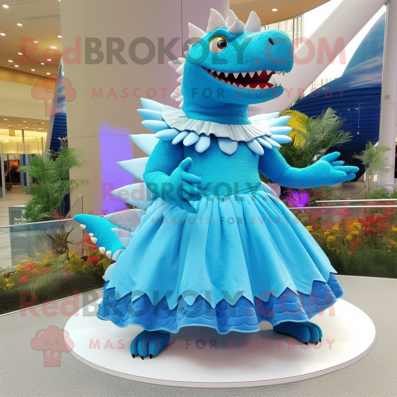 Sky Blue Stegosaurus mascot costume character dressed with a Pleated Skirt and Bracelets