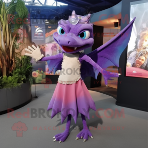 Purple Pterodactyl mascot costume character dressed with a Skirt and Anklets