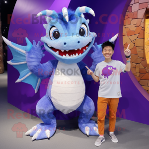 Purple Dragon mascot costume character dressed with a Boyfriend Jeans and Rings