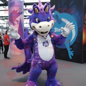 Purple Dragon mascot costume character dressed with a Boyfriend Jeans and Rings