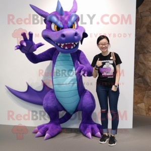 Purple Dragon mascot costume character dressed with a Boyfriend Jeans and Rings
