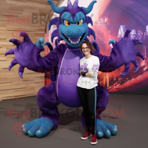 Purple Dragon mascot costume character dressed with a Boyfriend Jeans and Rings