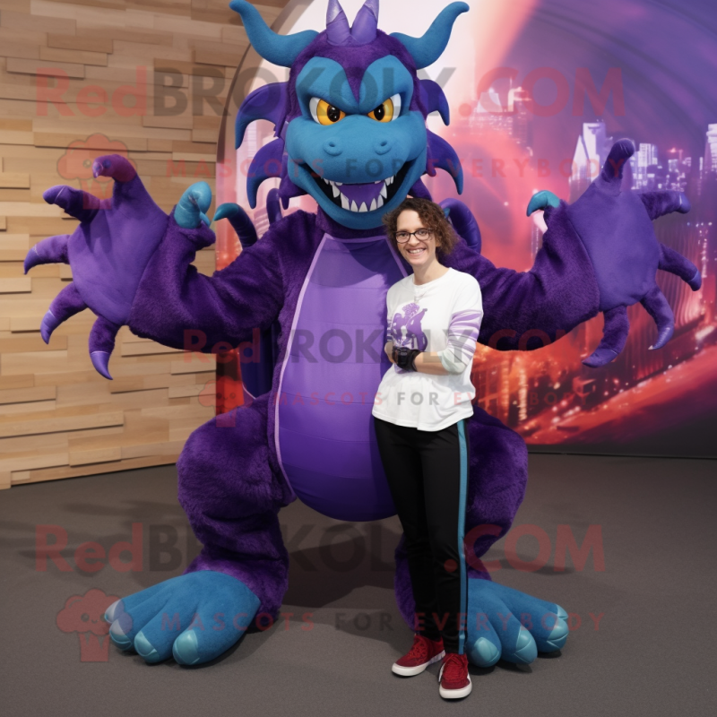 Purple Dragon mascot costume character dressed with a Boyfriend Jeans and Rings Purple Dragon mascot costume character dressed with a Boyfriend Jeans and Rings