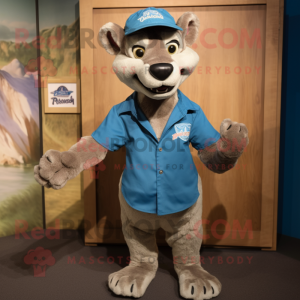 Blue Thylacosmilus mascot costume character dressed with a Cargo Shorts and Lapel pins