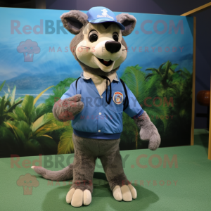 Blue Thylacosmilus mascot costume character dressed with a Cargo Shorts and Lapel pins