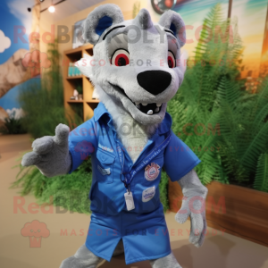Blue Thylacosmilus mascot costume character dressed with a Cargo Shorts and Lapel pins