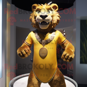 Olive Smilodon mascot costume character dressed with a Rash Guard and Necklaces