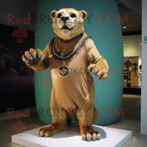 Olive Smilodon mascot costume character dressed with a Rash Guard and Necklaces