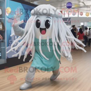 Silver Jellyfish mascot costume character dressed with a Culottes and Suspenders