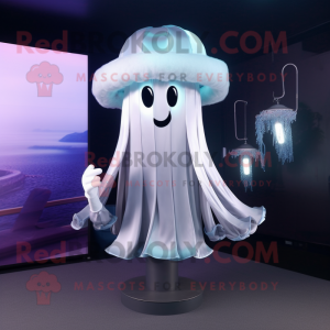 Silver Jellyfish mascot costume character dressed with a Culottes and Suspenders