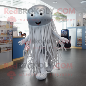 Silver Jellyfish mascot costume character dressed with a Culottes and Suspenders