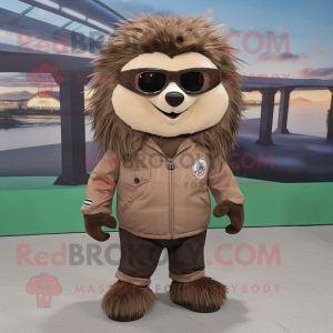 Brown Porcupine mascot costume character dressed with a Cargo Pants and Sunglasses