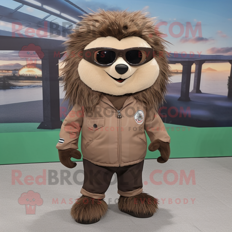 Brown Porcupine mascot costume character dressed with a Cargo Pants and Sunglasses Brown Porcupine mascot costume character dressed with a Cargo Pants and Sunglasses