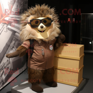 Brown Porcupine mascot costume character dressed with a Cargo Pants and Sunglasses